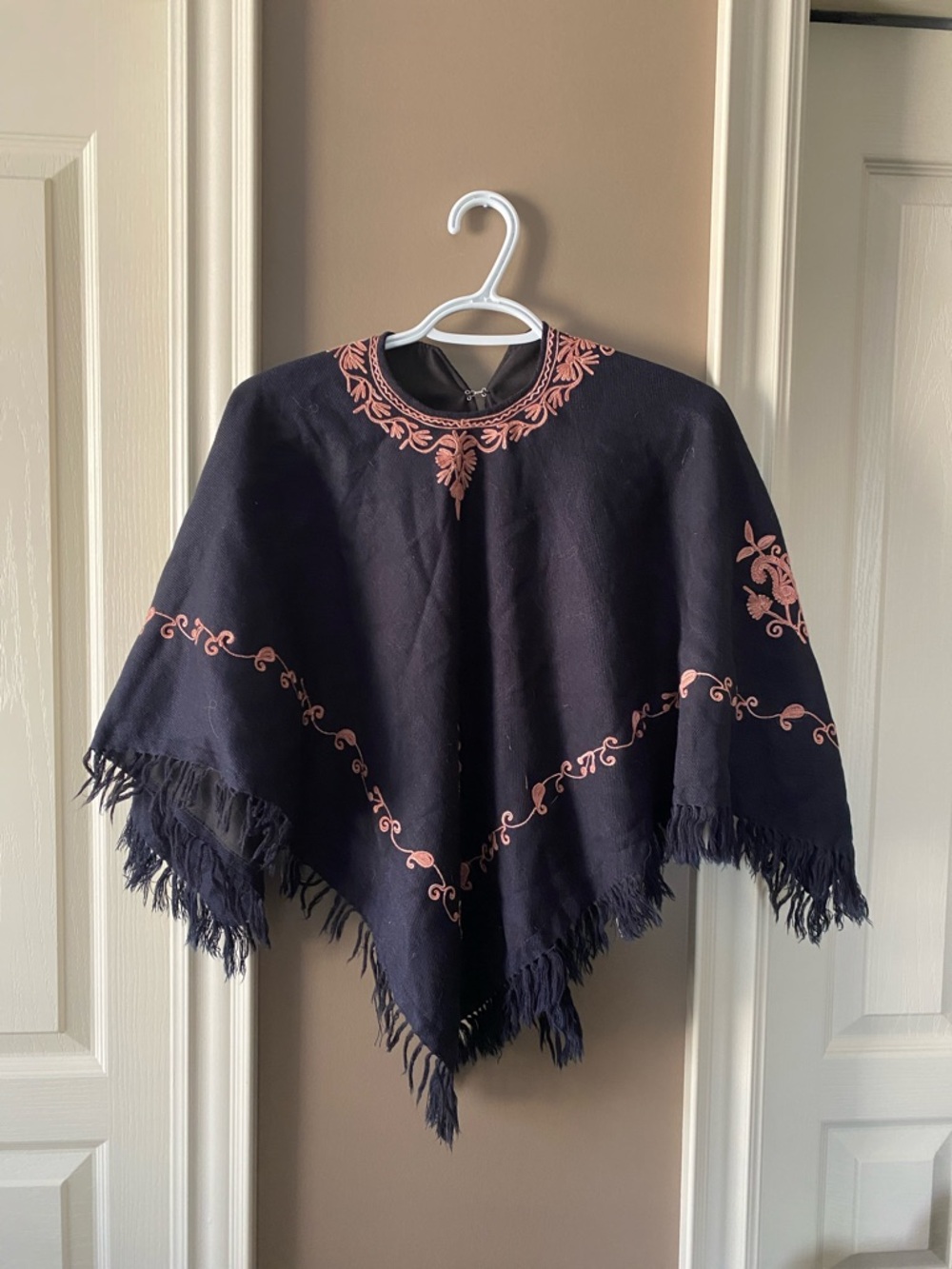 Navy Poncho with Pink Embroidered Detail